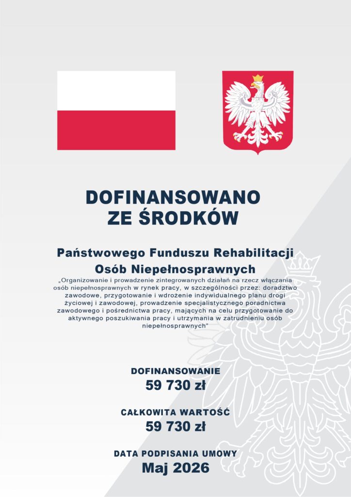 Plakat Organizowanie i prowadzenie zintegrowanych działań na rzecz włączania osób niepełnosprawnych w rynek pracy, w szczególności przez: doradztwo zawodowe, przygotowanie i wdrożenie indywidualnego planu drogi życiowej i zawodowej, prowadzenie specjalistycznego poradnictwa zawodowego i pośrednictwa pracy, mających na celu przygotowanie do aktywnego poszukiwania pracy i utrzymania w zatrudnieniu osób niepełnosprawnych 2026